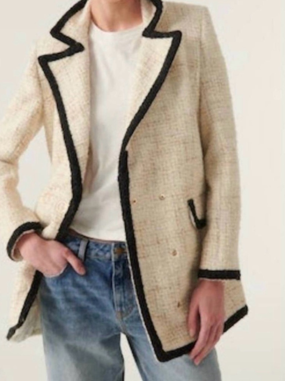 NWT ba&sh Cream Tweed Blazer with Black Trim Size M